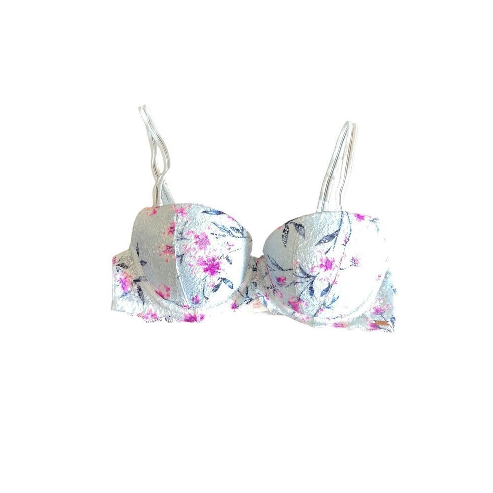Victoria's Secret PINK Date Push Up Bra 32C Blue Floral cute girlycore